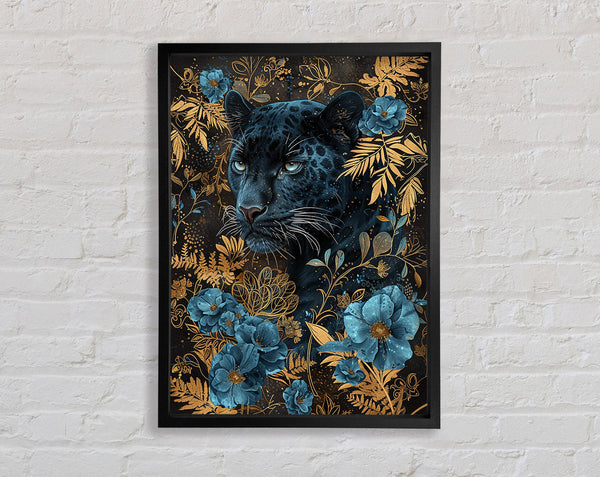 Jaguar And Blue Flowers Framed Print