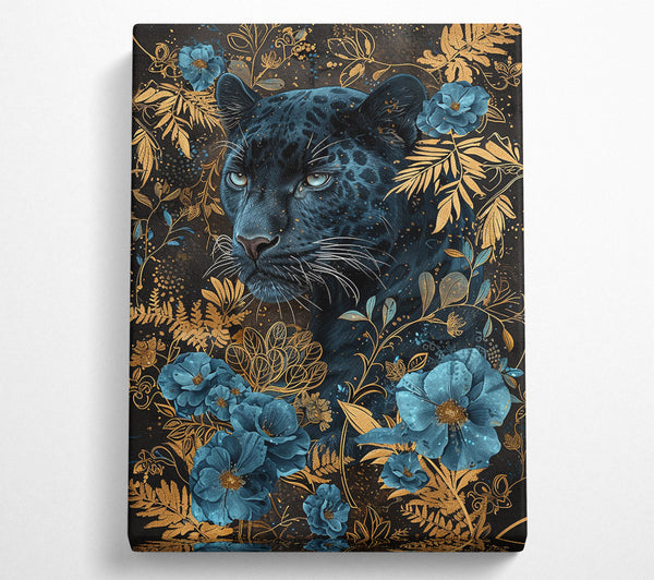 Jaguar And Blue Flowers Canvas Wall Art