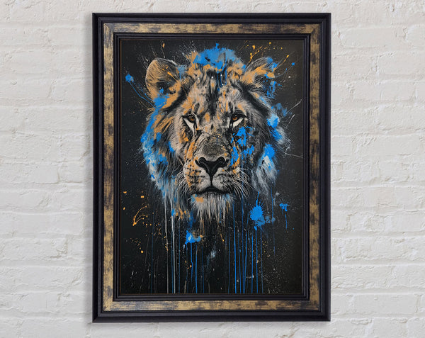 Lion Distressed Graffiti Blue Framed Print