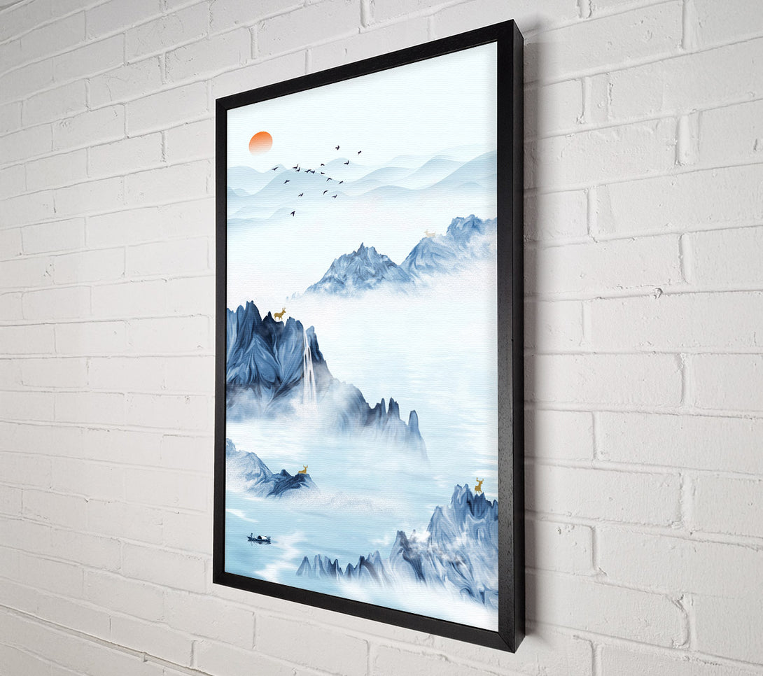  A Canvas Print of Misty Blue Mountains  Boat On Lake Canvas Wall Art