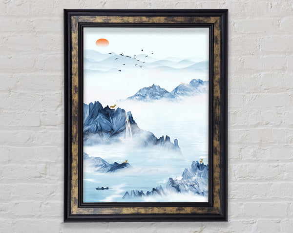 Misty Blue Mountains  Boat On Lake Framed Print