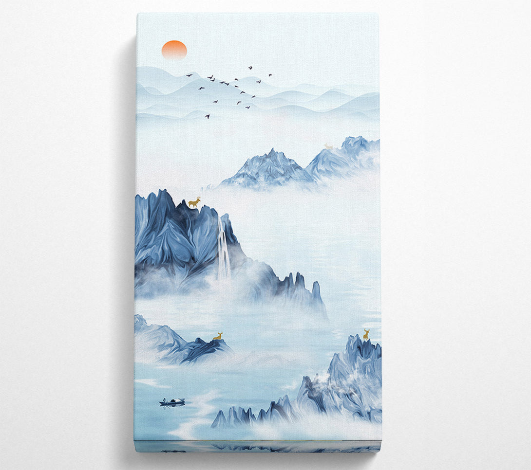  A Canvas Print of Misty Blue Mountains  Boat On Lake Canvas Wall Art