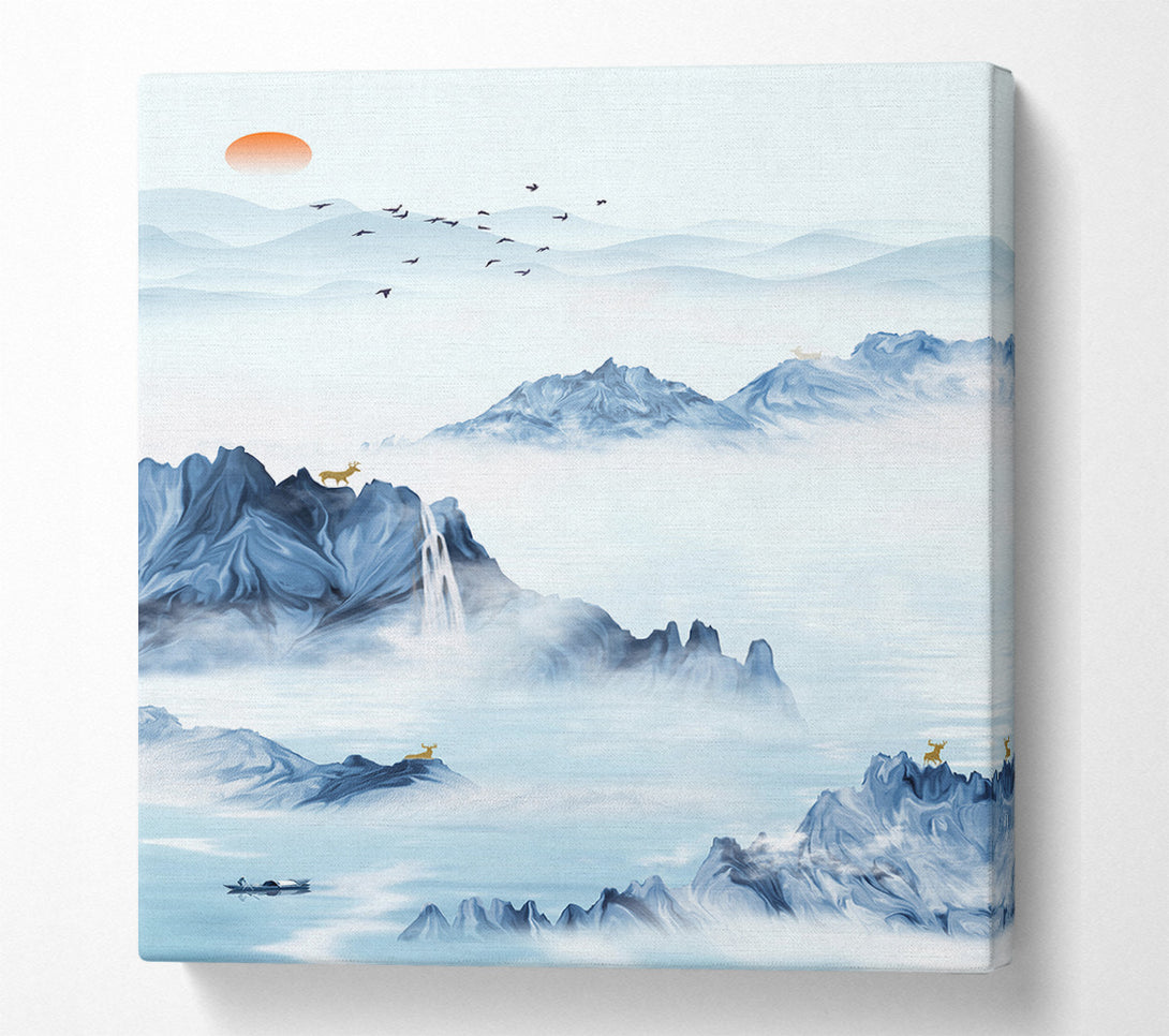  A Canvas Print of Misty Blue Mountains  Boat On Lake Canvas Wall Art