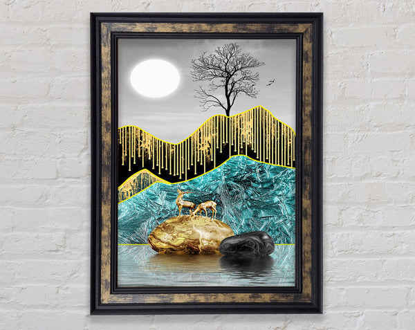 Moonlight Deer Rocks Framed Print