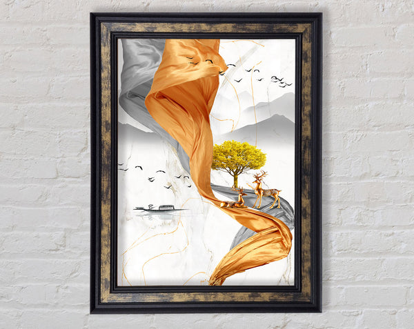 Orange Swirl With Orange Deers Framed Print