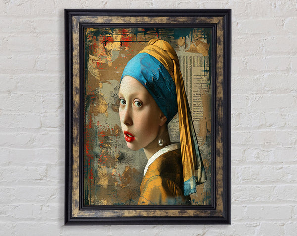 Pearl Earing Distressed Framed Print