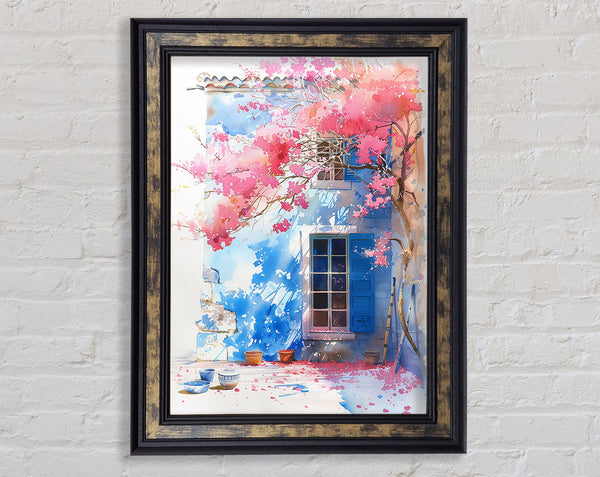 Pink Blossom Tree Blue House Framed Print