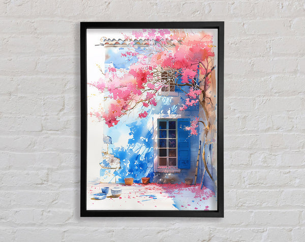 Pink Blossom Tree Blue House Framed Print