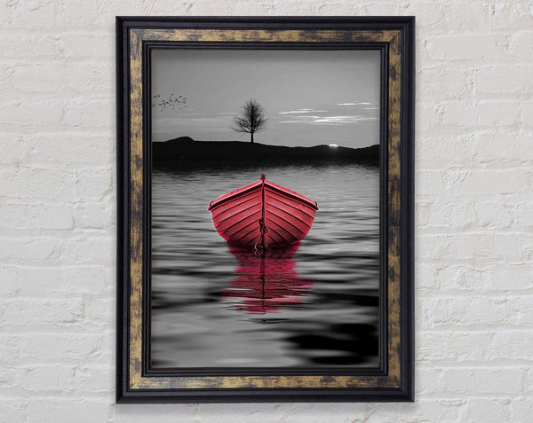Pink Boat In A Grey Lake Framed Print