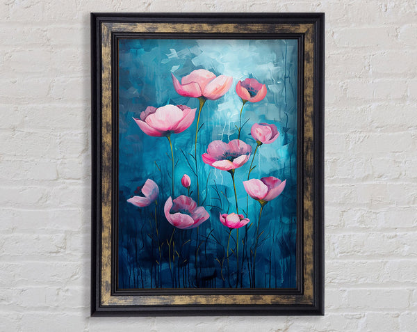 Pink Flowers On Blue Framed Print