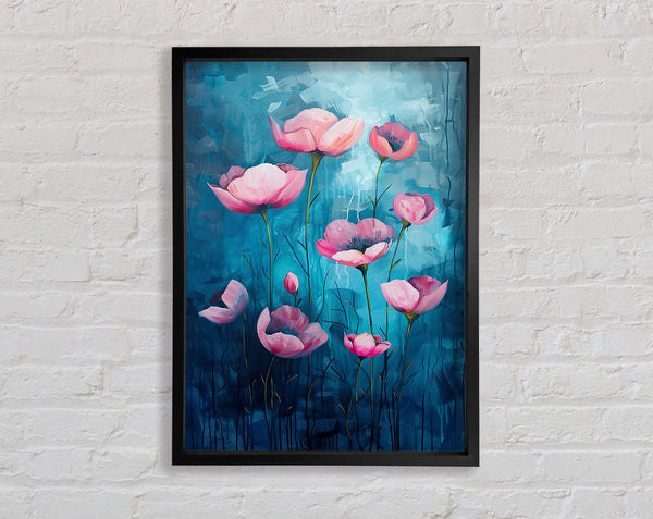 Pink Flowers On Blue Framed Print