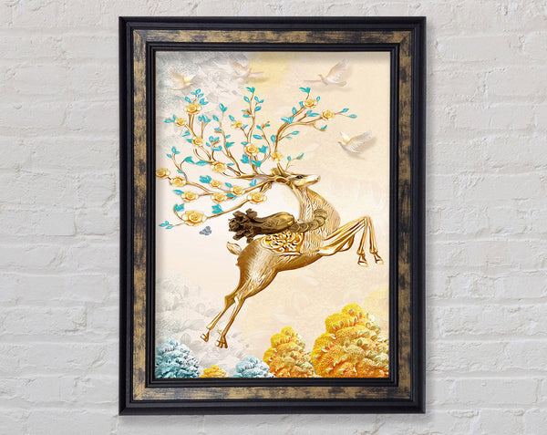 Prancing Gold Reindeer Framed Print