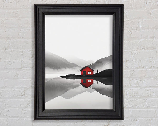 Red Cabin On The Black And White Sky Framed Print