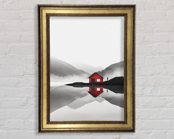 Red Cabin On The White And White Sky Framed Print