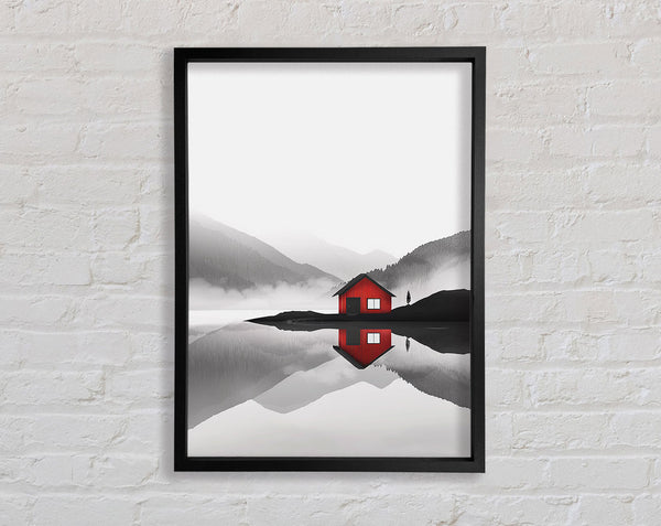 Red Cabin On The Black And White Sky Framed Print