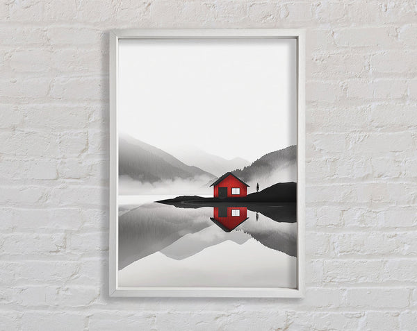 Red Cabin On The White And White Sky Framed Print