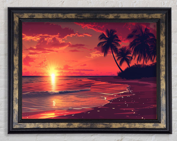 Red Sun Beach Landscape Framed Print