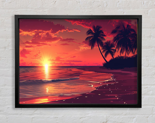 Red Sun Beach Landscape Framed Print