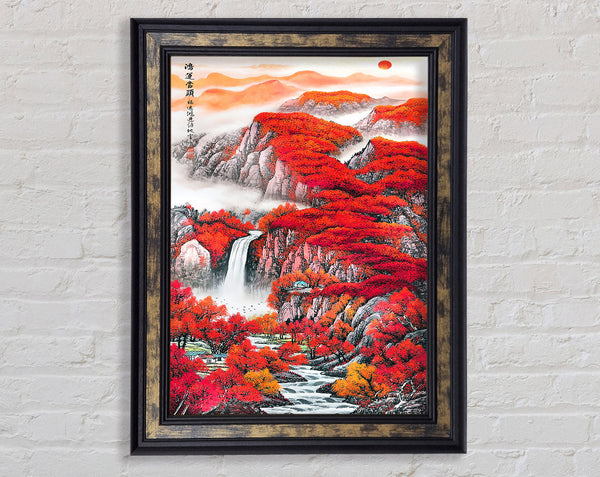 Red Tree Misty Waterfall Landscape Framed Print