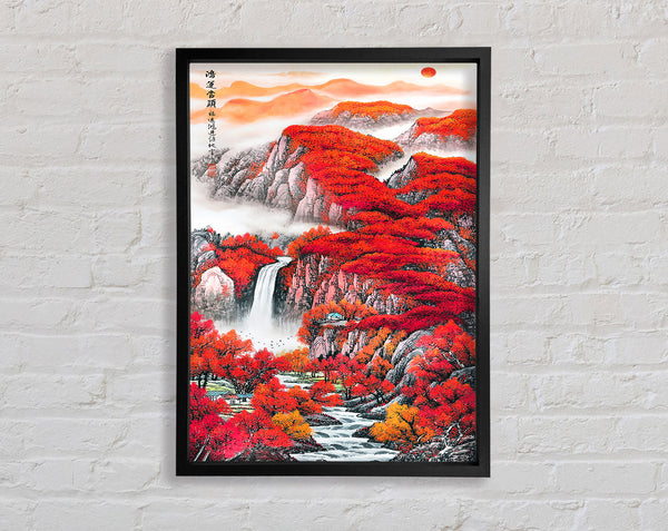 Red Tree Misty Waterfall Landscape Framed Print