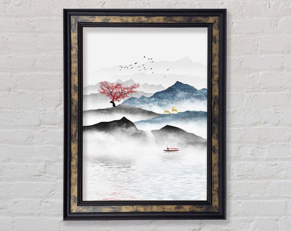 Red Tree  With Boat On A Lake Framed Print