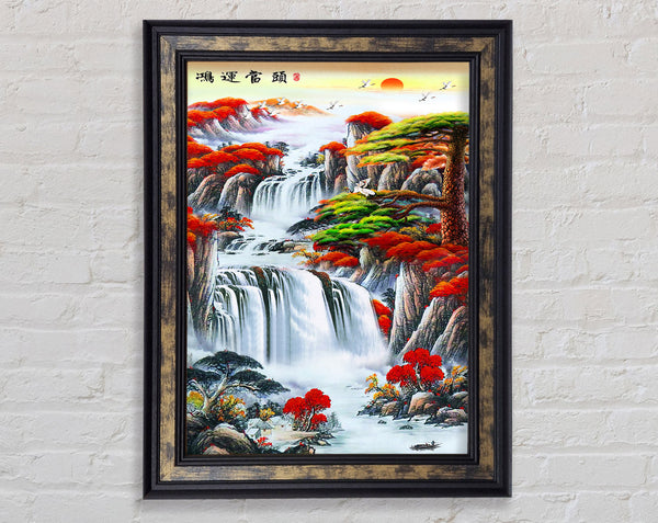 Red Trees Waterfall Framed Print