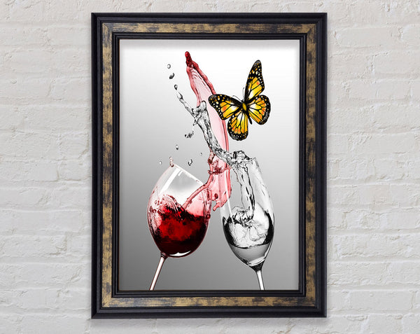 Red Wine Glass  Yellow Butterfly Framed Print