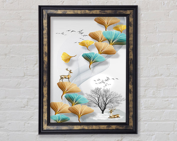 Reindeers On Leaves And Tree Framed Print
