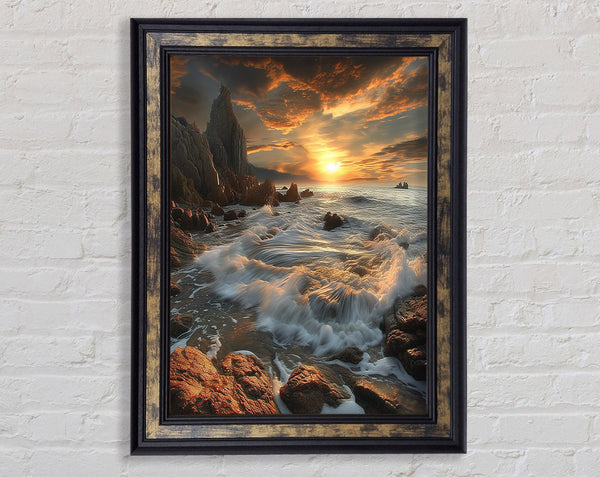 Rocky Landscape Waves Framed Print