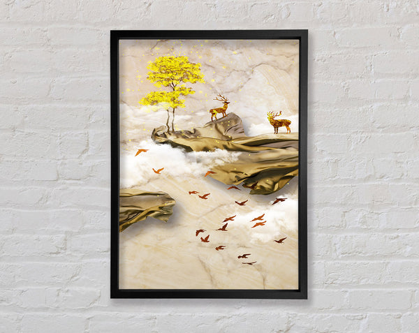 Scenic Brown And Gold Deers Framed Print