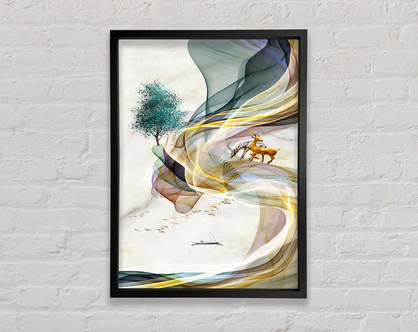 Swirls With Tree And Deers Framed Print