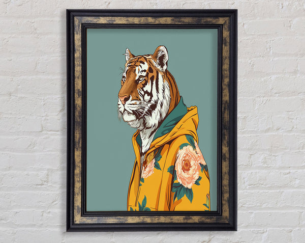 Tiger In A Yrllow Hoodie Framed Print