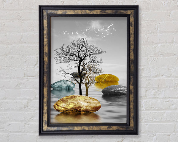 Trees And Golden Rock Framed Print