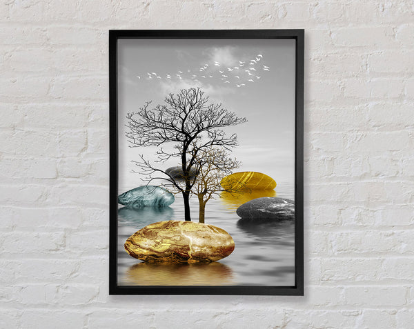 Trees And Golden Rock Framed Print