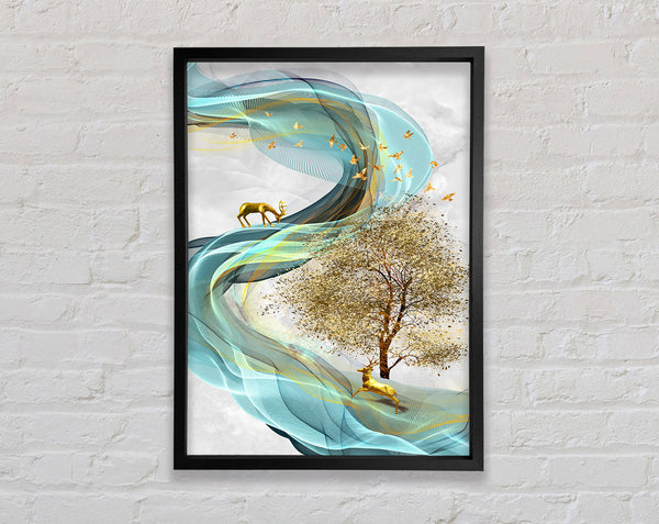 Turquoise Swirl With Gold Stags Framed Print