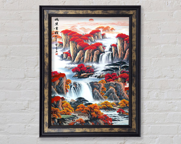 Two Waterfalls  Red Trees Framed Print
