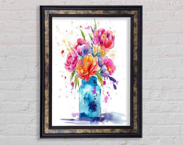 Vibrant Flowers Vase Watercolour Framed Print