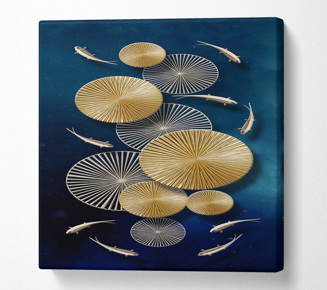  A Canvas Print of Wheel Circles In Gold With Fish Canvas Wall Art