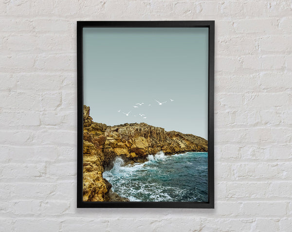 White Birds Fly Over Cliffs Framed Print