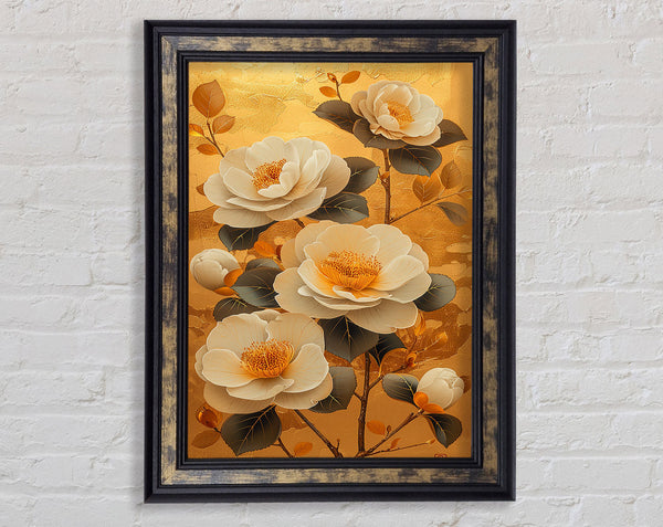 Walnut Flowers On Gold Framed Print