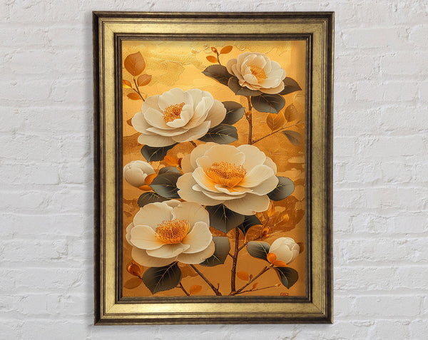 White Flowers On Gold Framed Print