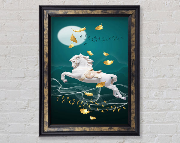 Walnut Horse With Golden Leaves  Turquoise Framed Print