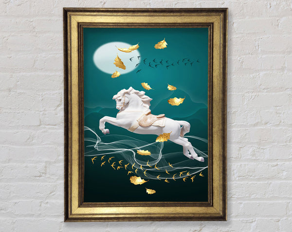 White Horse With Golden Leaves  Turquoise Framed Print
