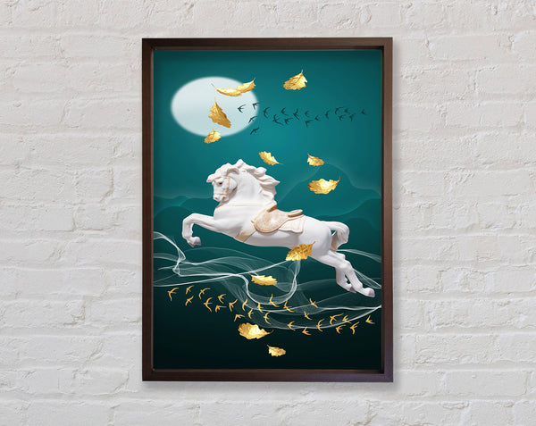 Walnut Horse With Golden Leaves  Turquoise Framed Print