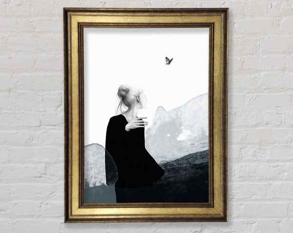Woman In White Looking At Butterfly Framed Print