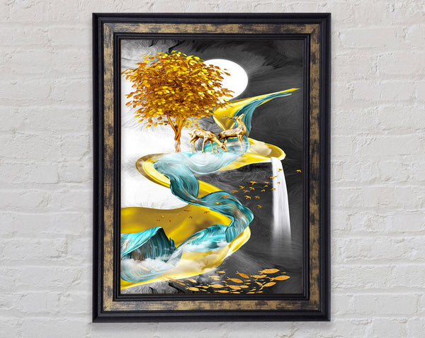 Yellow And Green Swirl With Gold Tree Framed Print