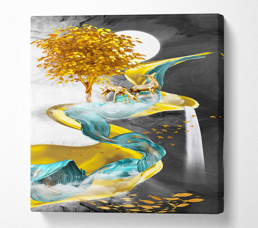  A Canvas Print of Yellow And Green Swirl With Gold Tree Canvas Print