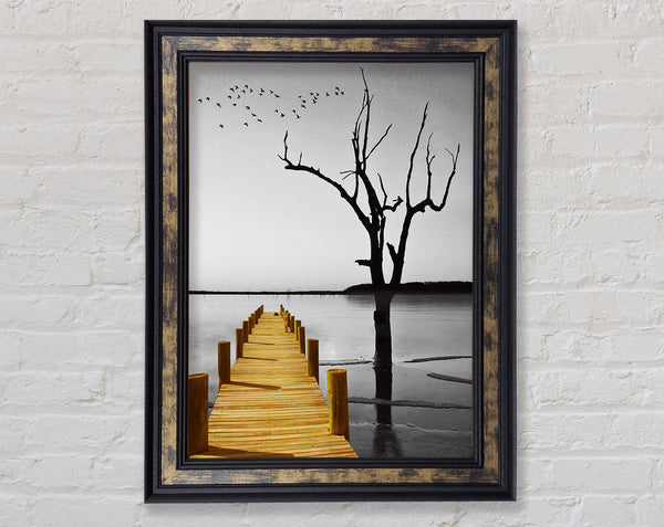 Yellow Boardwalk On Lake Framed Print