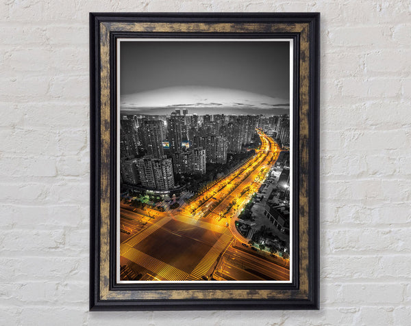 Yellow Road In City View Framed Print