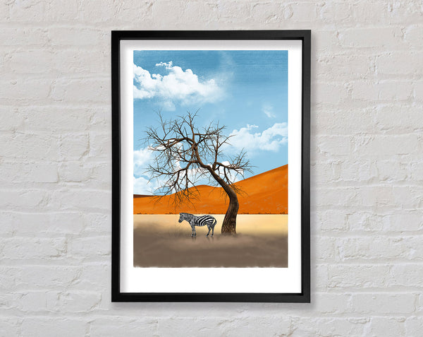 Zebra Under Tree  Orange Mountain Framed Print